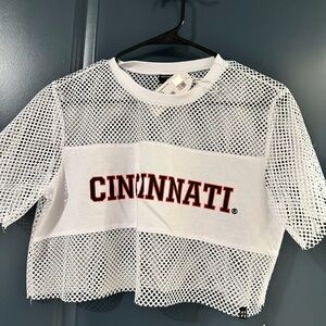 White Mesh Cincinnati Graphic Crop Top- University of Cincinnati